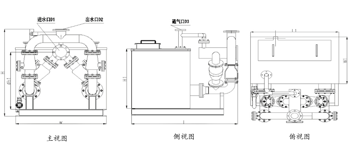 內置式污水提升設備結構三視圖